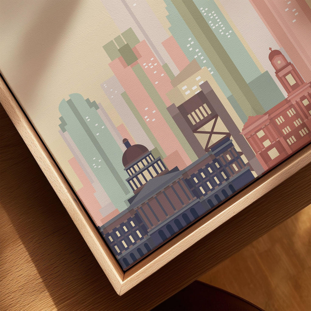 Sacramento city skyline art print, framed canvas with float frame, close-up