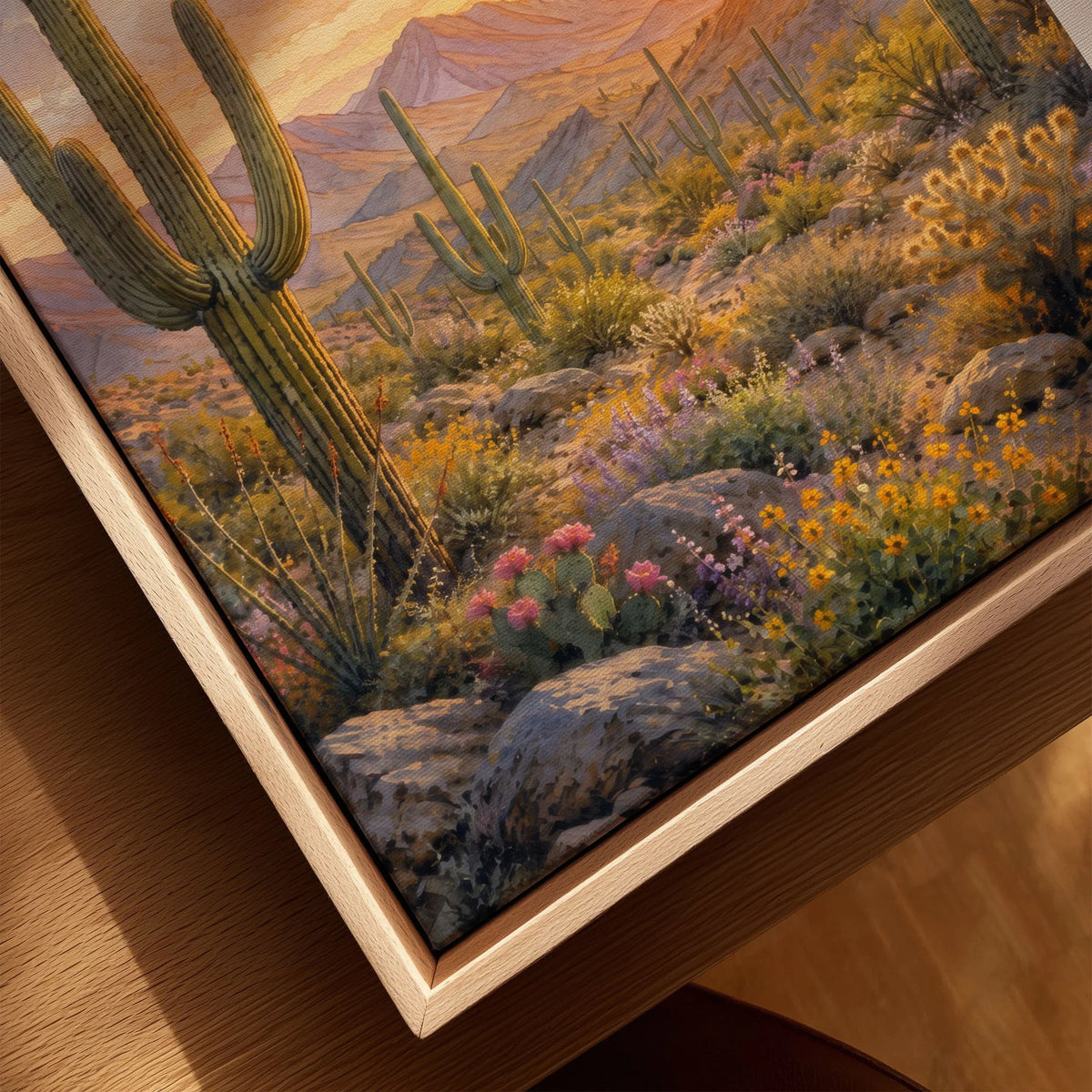 Saguaro National Park saguaro cacti at sunset watercolour art print framed canvas with float frame, close-up