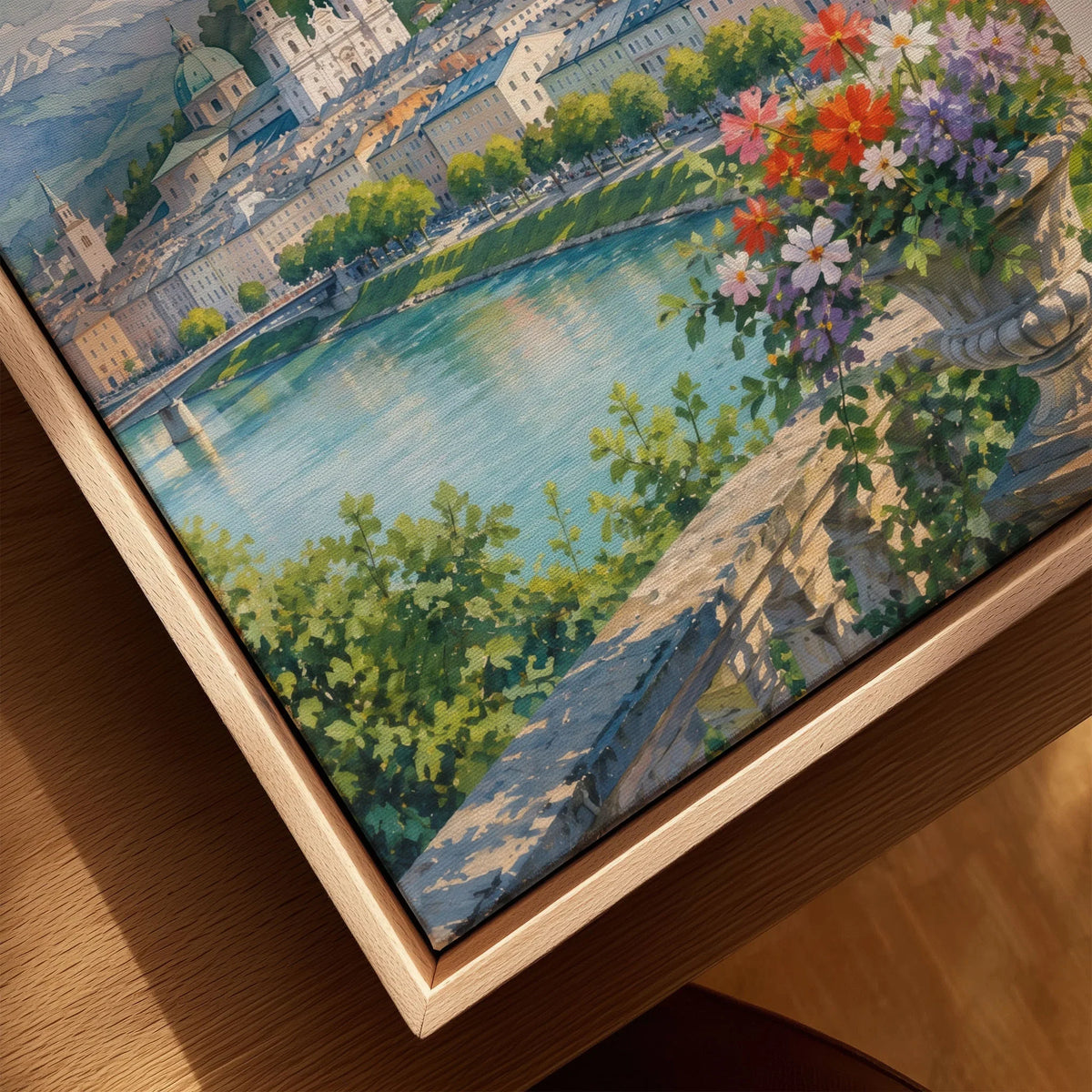 Salzburg Hohensalzburg fortress and old town watercolour art print framed canvas with float frame, close-up