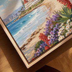 San Diego Hotel del Coronado and beach watercolour art print framed canvas with float frame, close-up