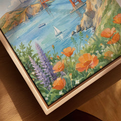 San Francisco Golden Gate Bridge and poppies watercolour art print framed canvas with float frame, close-up