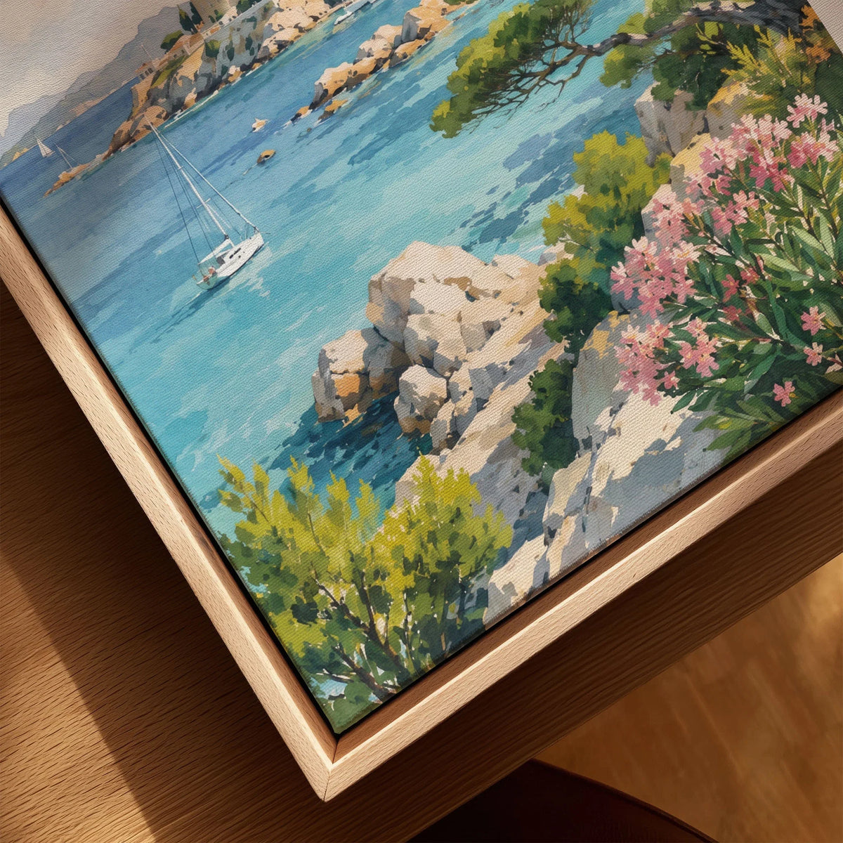 Sardinia turquoise coves and harbour town watercolour art print framed canvas with float frame, close-up