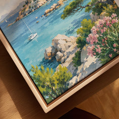 Sardinia turquoise coves and harbour town watercolour art print framed canvas with float frame, close-up