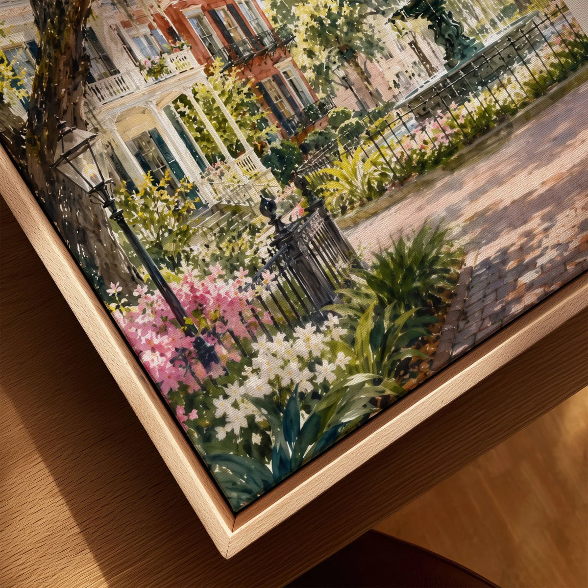 Savannah Spanish moss oaks and park fountain watercolour art print framed canvas with float frame, close-up