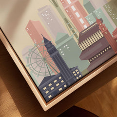 Seattle city skyline art print, framed canvas with float frame, close-up
