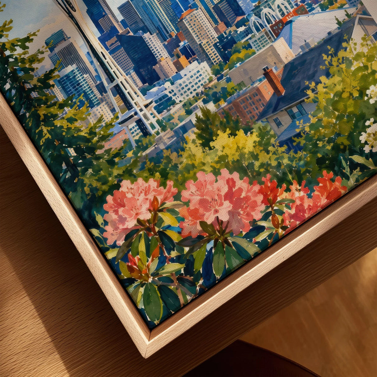 Seattle Space Needle and Mount Rainier watercolour art print framed canvas with float frame, close-up