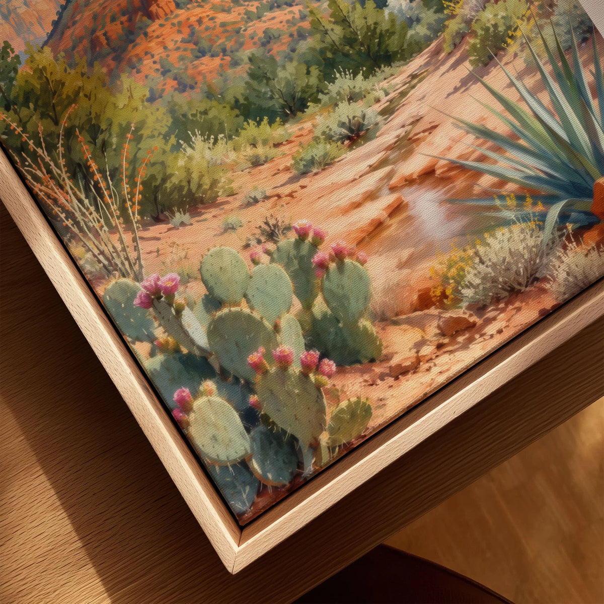 Sedona Cathedral Rock watercolour art print framed canvas with float frame, close-up
