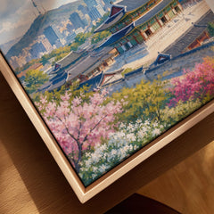 Seoul Gyeongbokgung Palace and skyline watercolour art print framed canvas with float frame, close-up