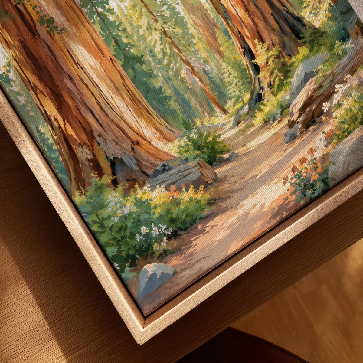 Sequoia National Park giant sequoias and forest trail watercolour art print framed canvas with float frame, close-up