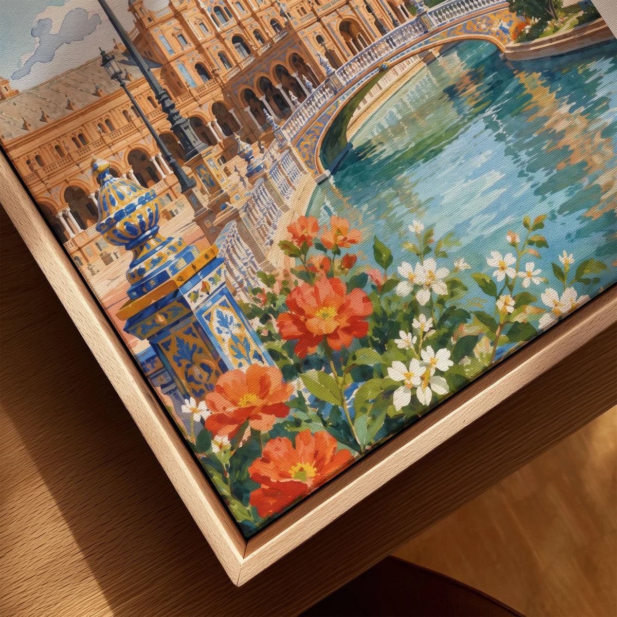 Seville Plaza de España watercolour art print framed canvas with float frame, close-up