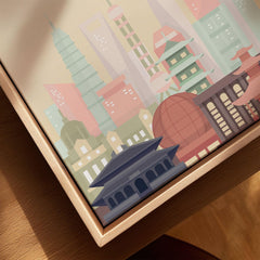 Shanghai city skyline art print, framed canvas with float frame, close-up