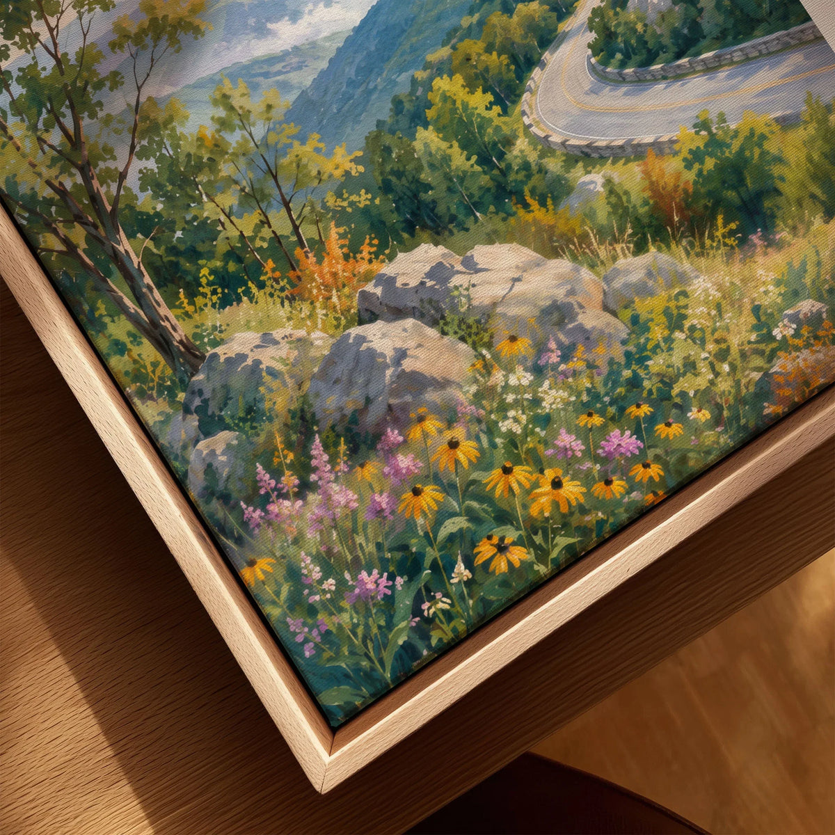 Shenandoah National Park Skyline Drive and Blue Ridge watercolour art print framed canvas with float frame, close-up