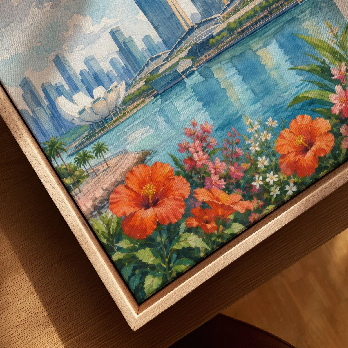 Singapore Marina Bay Sands skyline watercolour art print framed canvas with float frame, close-up