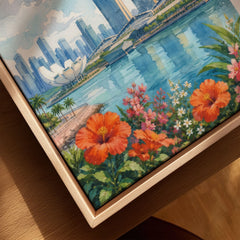 Singapore Marina Bay Sands skyline watercolour art print framed canvas with float frame, close-up