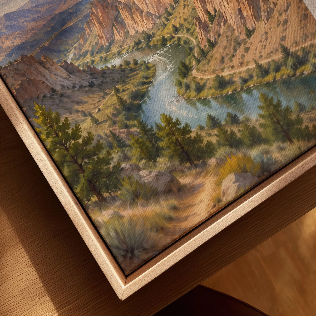 Smith Rock State Park Crooked River below the rock spires watercolour art print framed canvas with float frame, close-up