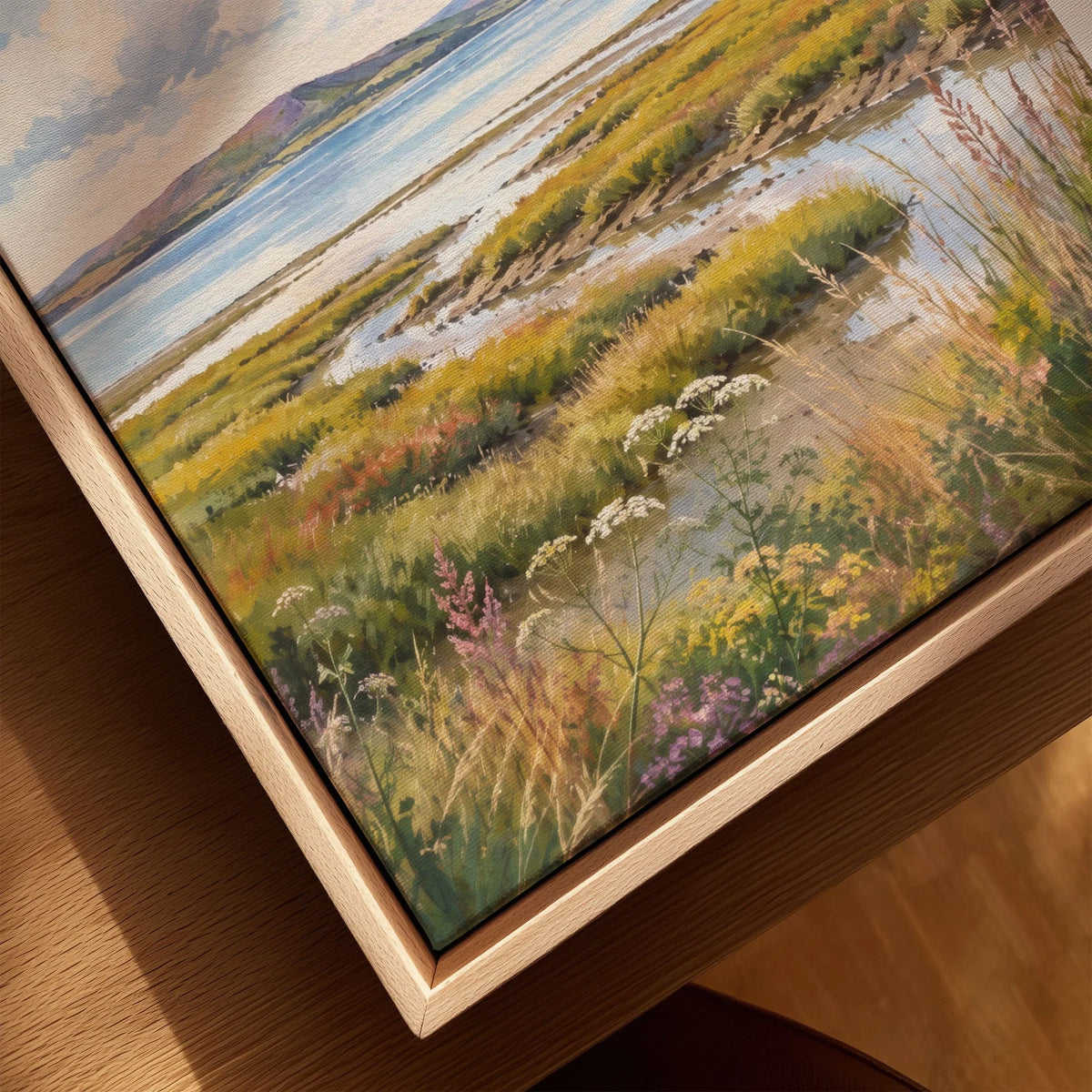 Solway Coast salt marsh estuary watercolour art print framed canvas with float frame, close-up