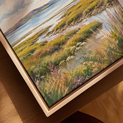 Solway Coast salt marsh estuary watercolour art print framed canvas with float frame, close-up