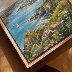 South Devon estuary village and sailing boats watercolour art print framed canvas with float frame, close-up