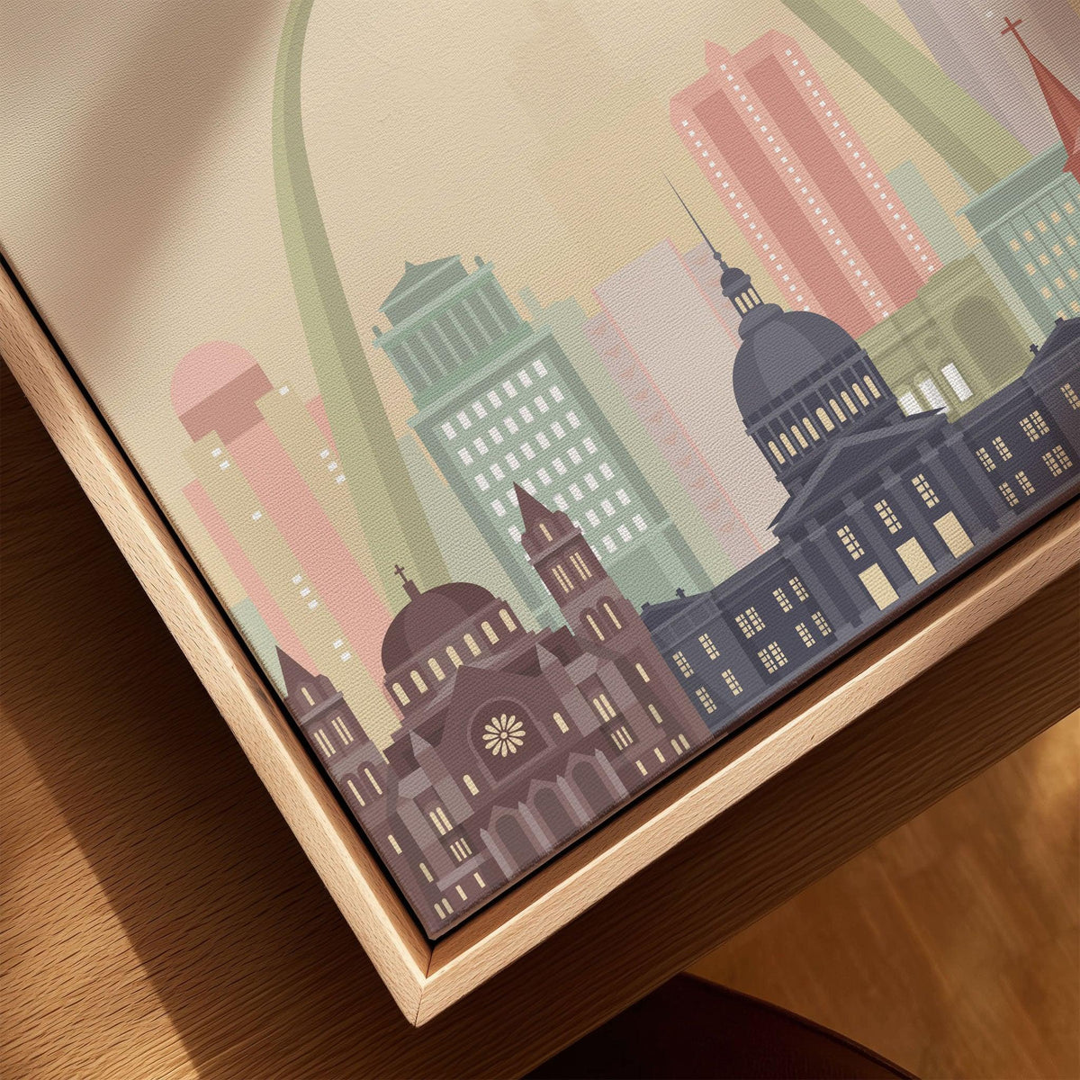 St Louis city skyline art print, framed canvas with float frame, close-up