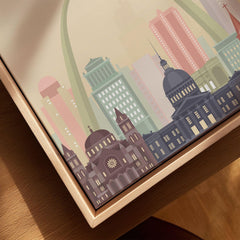 St Louis city skyline art print, framed canvas with float frame, close-up