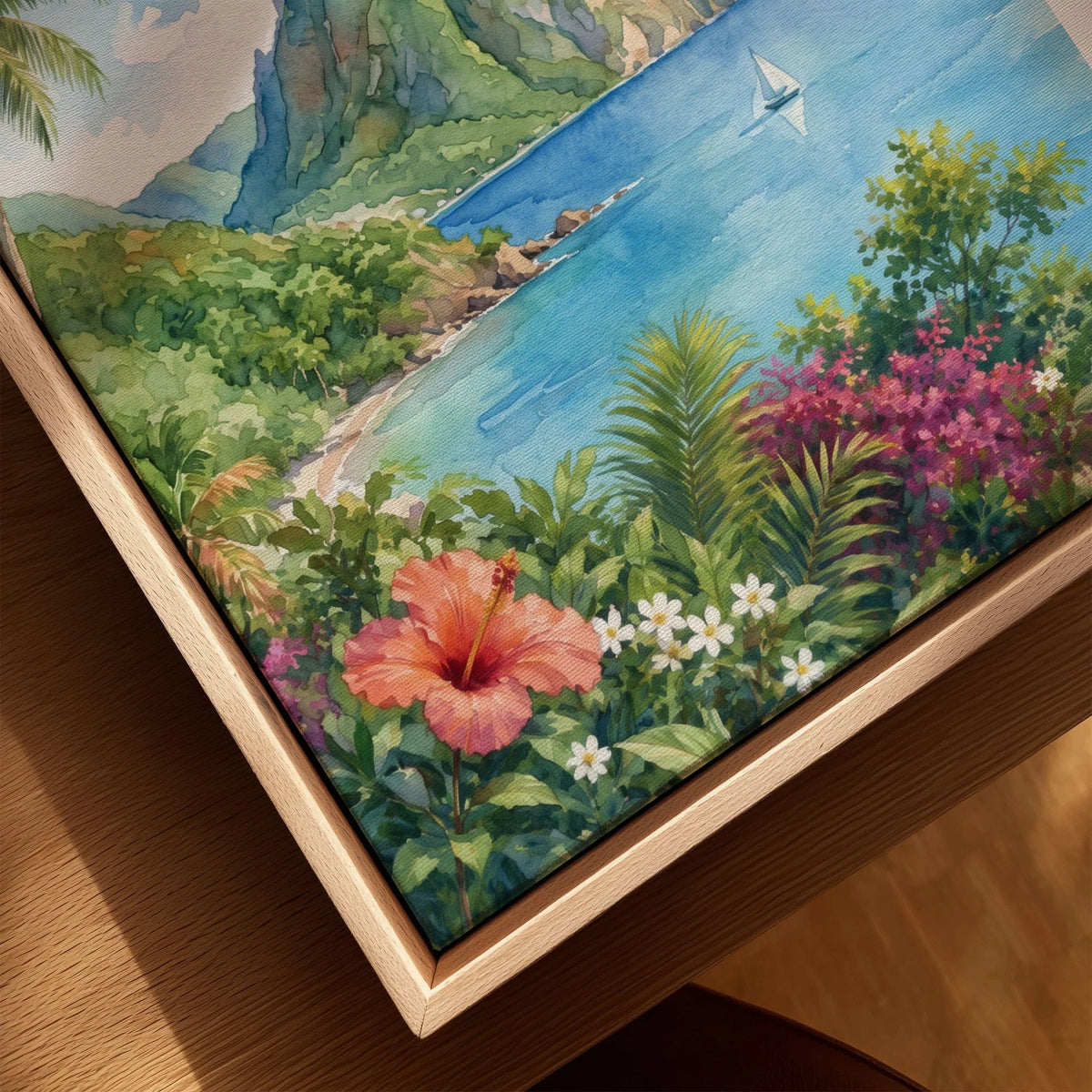 St Lucia the Pitons and bay watercolour art print framed canvas with float frame, close-up