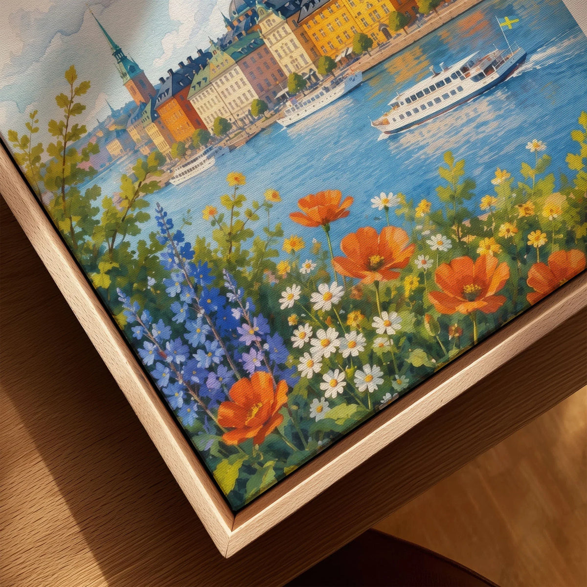 Stockholm Gamla Stan waterfront watercolour art print framed canvas with float frame, close-up