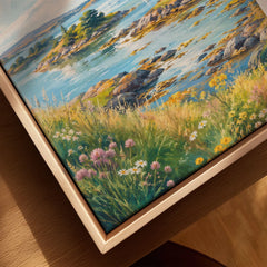Strangford Lough islands and sailing boats watercolour art print framed canvas with float frame, close-up