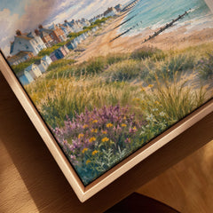 Suffolk Coast Southwold pier and beach huts watercolour art print framed canvas with float frame, close-up