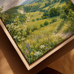 Surrey Hills wooded valley path watercolour art print framed canvas with float frame, close-up