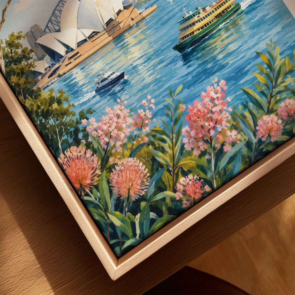Sydney Opera House and Harbour Bridge watercolour art print framed canvas with float frame, close-up