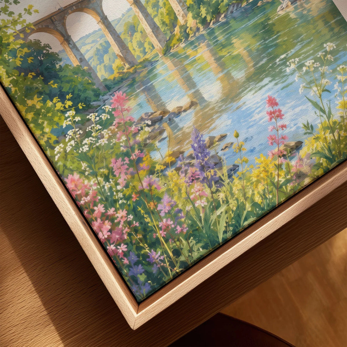 Tamar Valley Calstock Viaduct over the river watercolour art print framed canvas with float frame, close-up