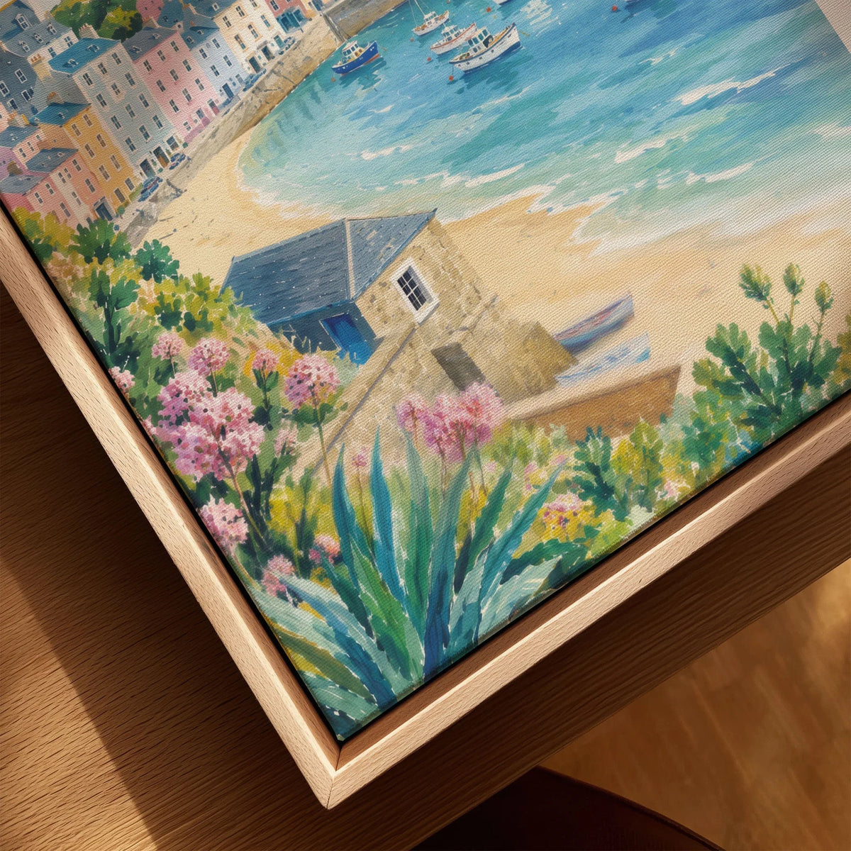 Tenby pastel harbour houses and beach watercolour art print framed canvas with float frame, close-up