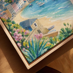 Tenby pastel harbour houses and beach watercolour art print framed canvas with float frame, close-up