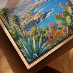 Tenerife Mount Teide and coast watercolour art print framed canvas with float frame, close-up