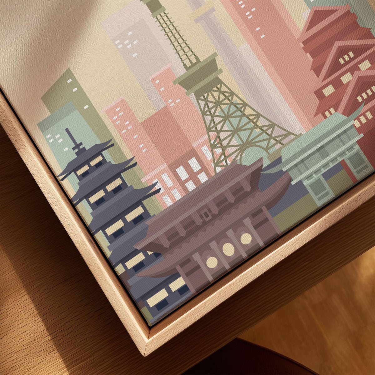 Tokyo city skyline art print, framed canvas with float frame, close-up