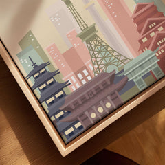 Tokyo city skyline art print, framed canvas with float frame, close-up