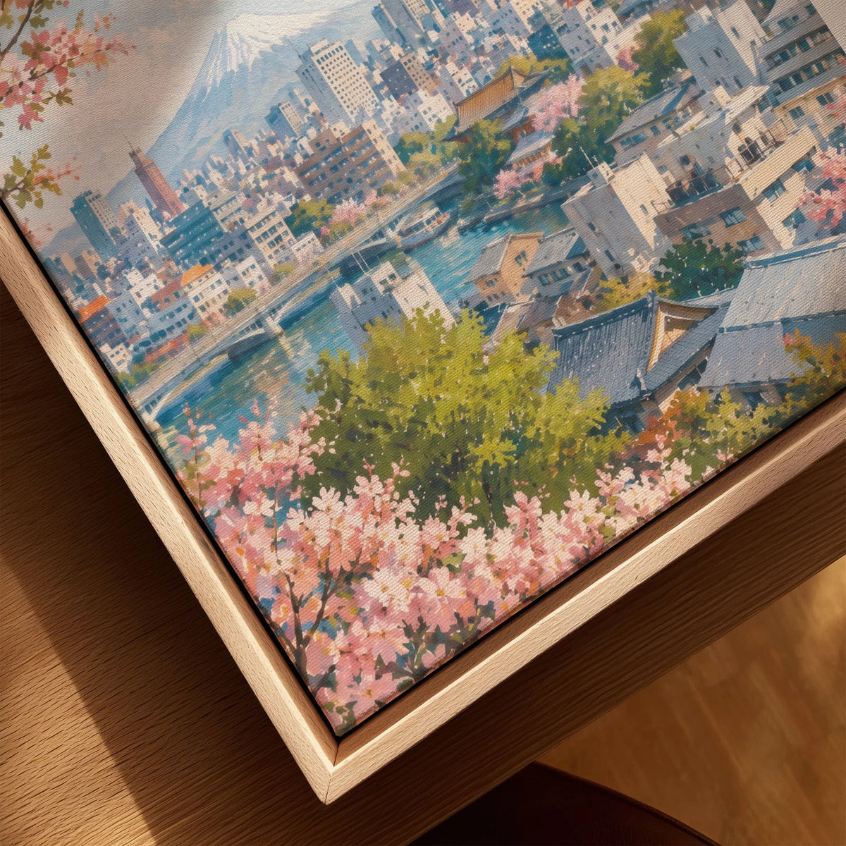 Tokyo Tokyo Tower, Skytree and Mount Fuji watercolour art print framed canvas with float frame, close-up