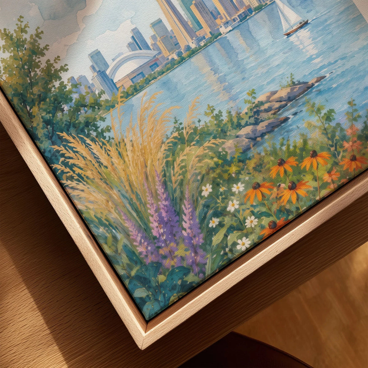 Toronto CN Tower skyline over Lake Ontario watercolour art print framed canvas with float frame, close-up