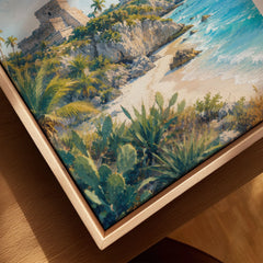 Tulum Mayan ruins above the beach watercolour art print framed canvas with float frame, close-up