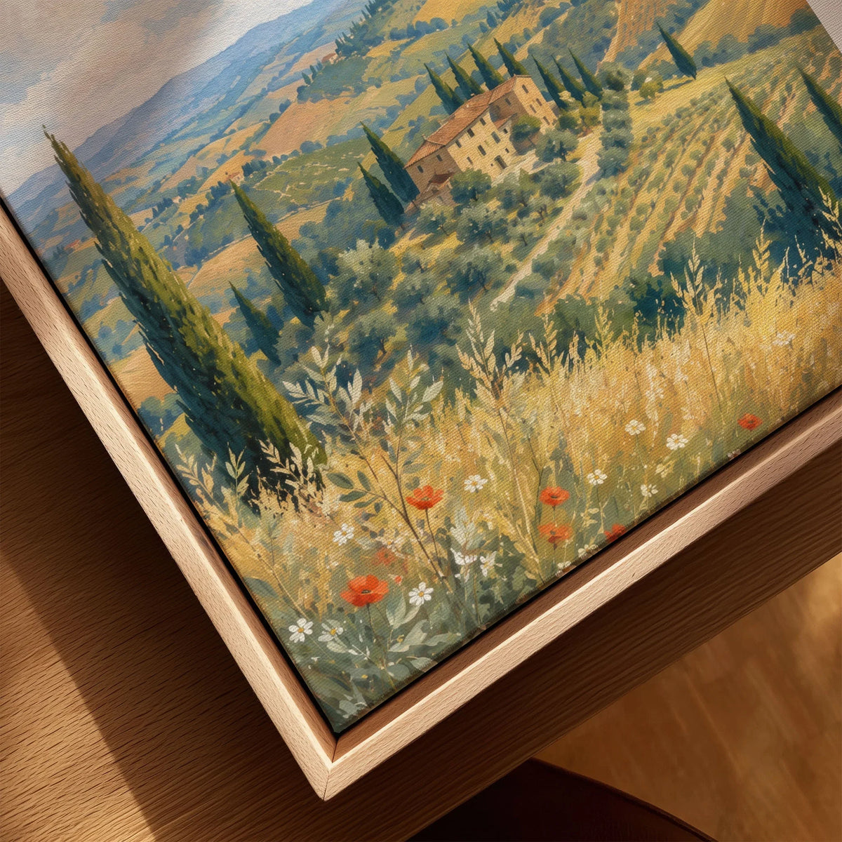 Tuscany rolling hills and cypress trees watercolour art print framed canvas with float frame, close-up