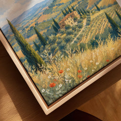 Tuscany rolling hills and cypress trees watercolour art print framed canvas with float frame, close-up