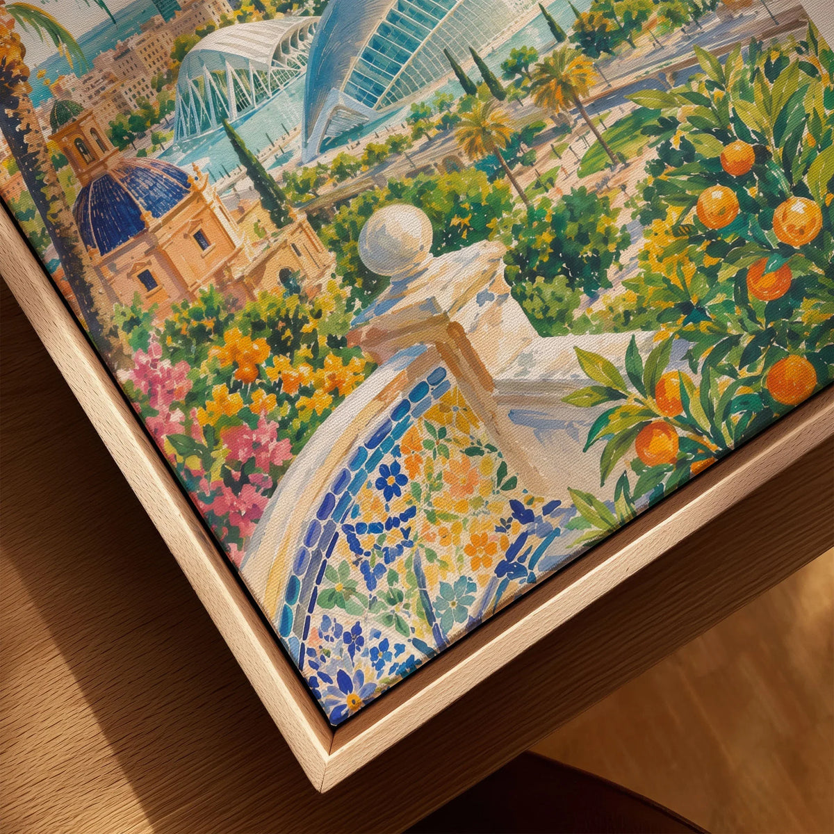 Valencia City of Arts and Sciences watercolour art print framed canvas with float frame, close-up