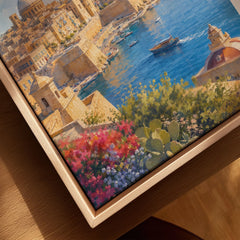 Valletta Grand Harbour and domes watercolour art print framed canvas with float frame, close-up