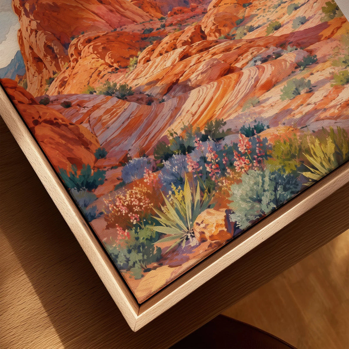 Valley of Fire State Park red sandstone waves watercolour art print framed canvas with float frame, close-up