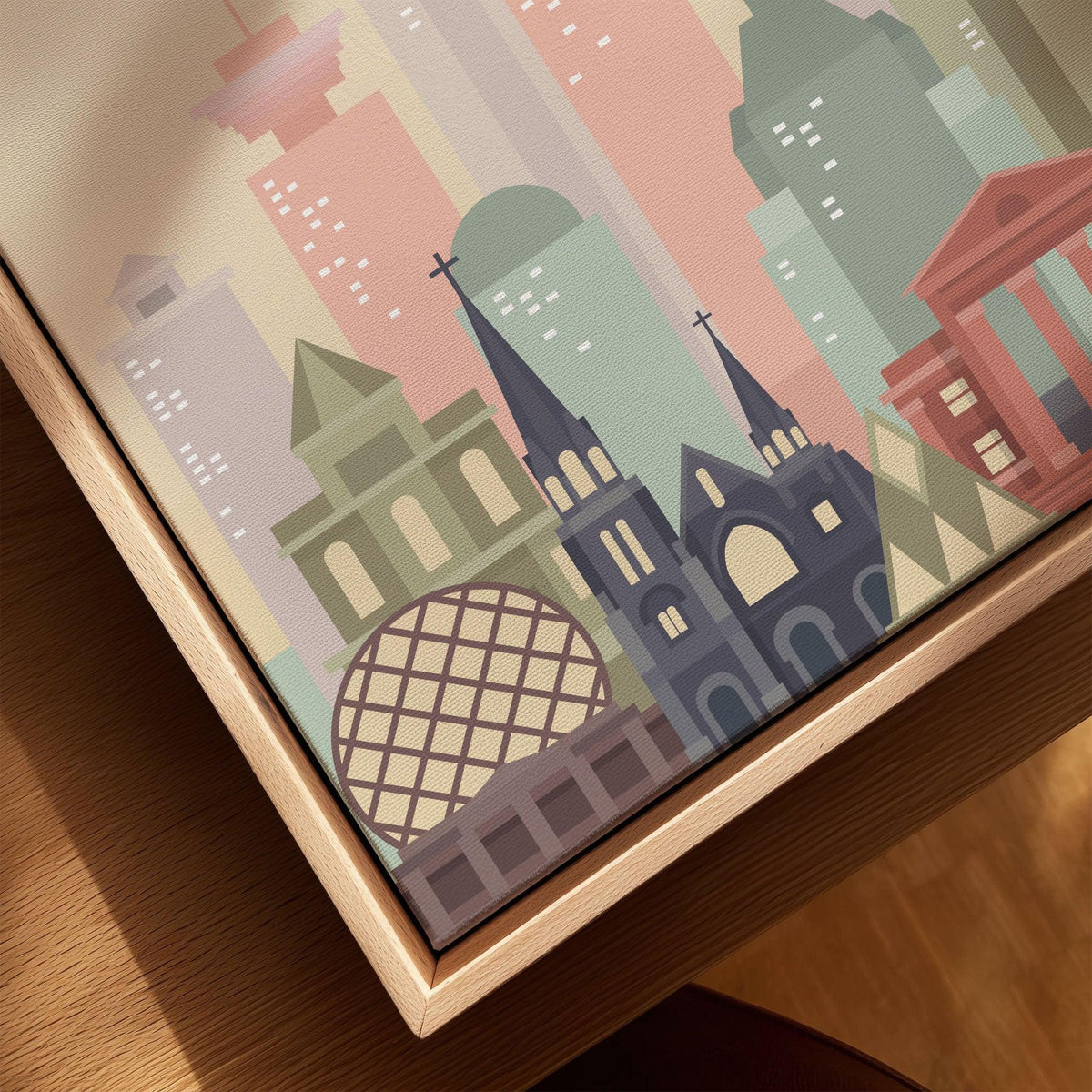 Vancouver city skyline art print, framed canvas with float frame, close-up
