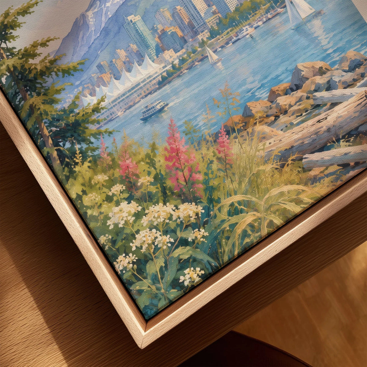 Vancouver harbour and North Shore mountains watercolour art print framed canvas with float frame, close-up