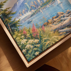 Vancouver harbour and North Shore mountains watercolour art print framed canvas with float frame, close-up