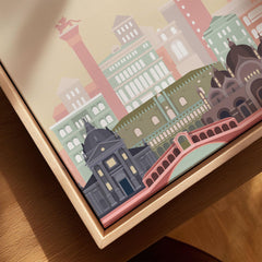 Venice city skyline art print, framed canvas with float frame, close-up