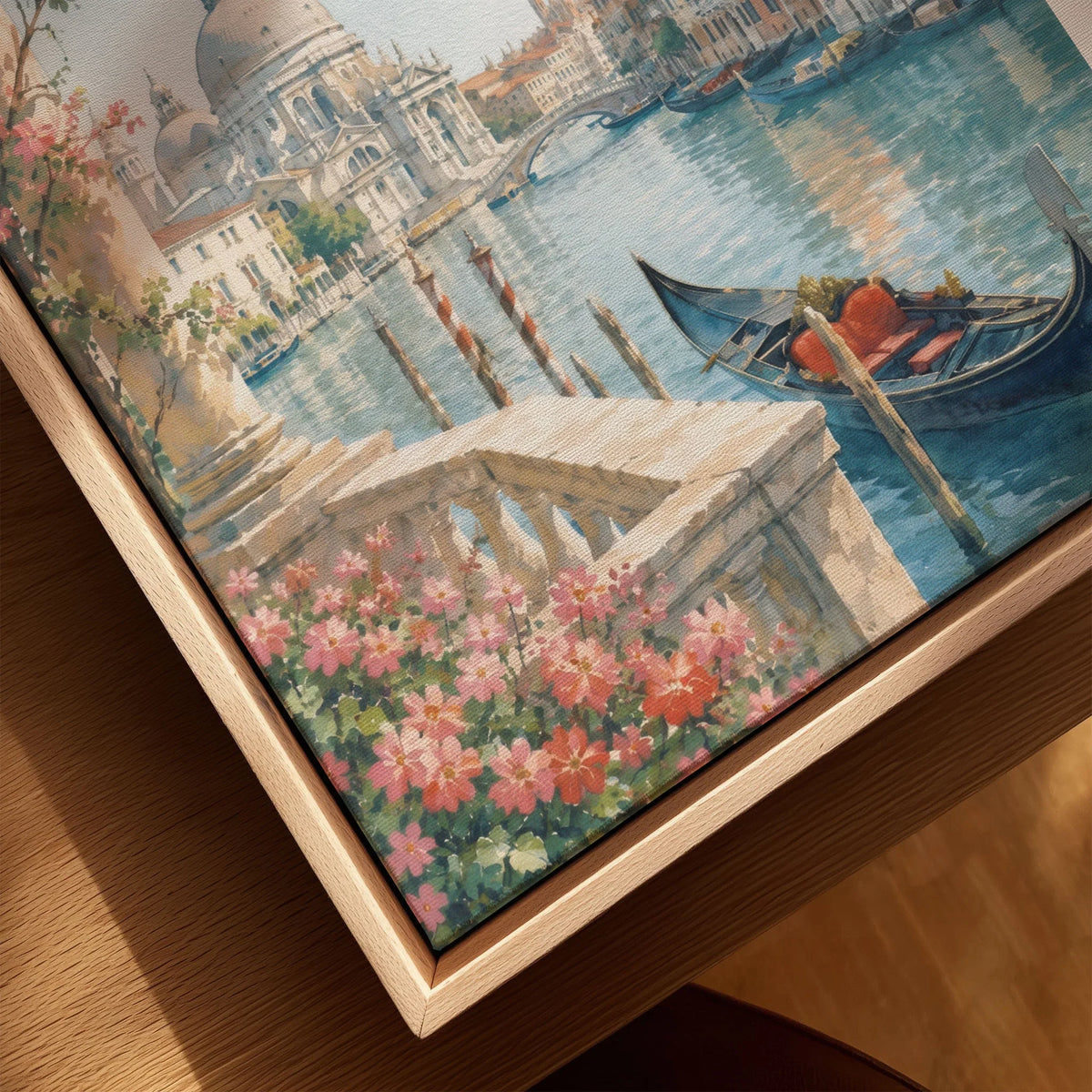 Venice Grand Canal, Salute dome and gondola watercolour art print framed canvas with float frame, close-up