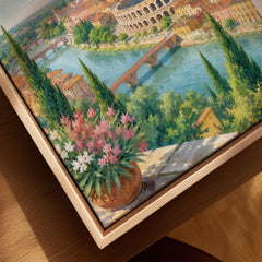 Verona Arena and Adige river watercolour art print framed canvas with float frame, close-up
